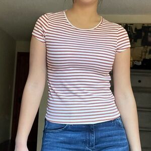 American Eagle Outfitters Red White Striped Hey Baby Ribbed Tee
